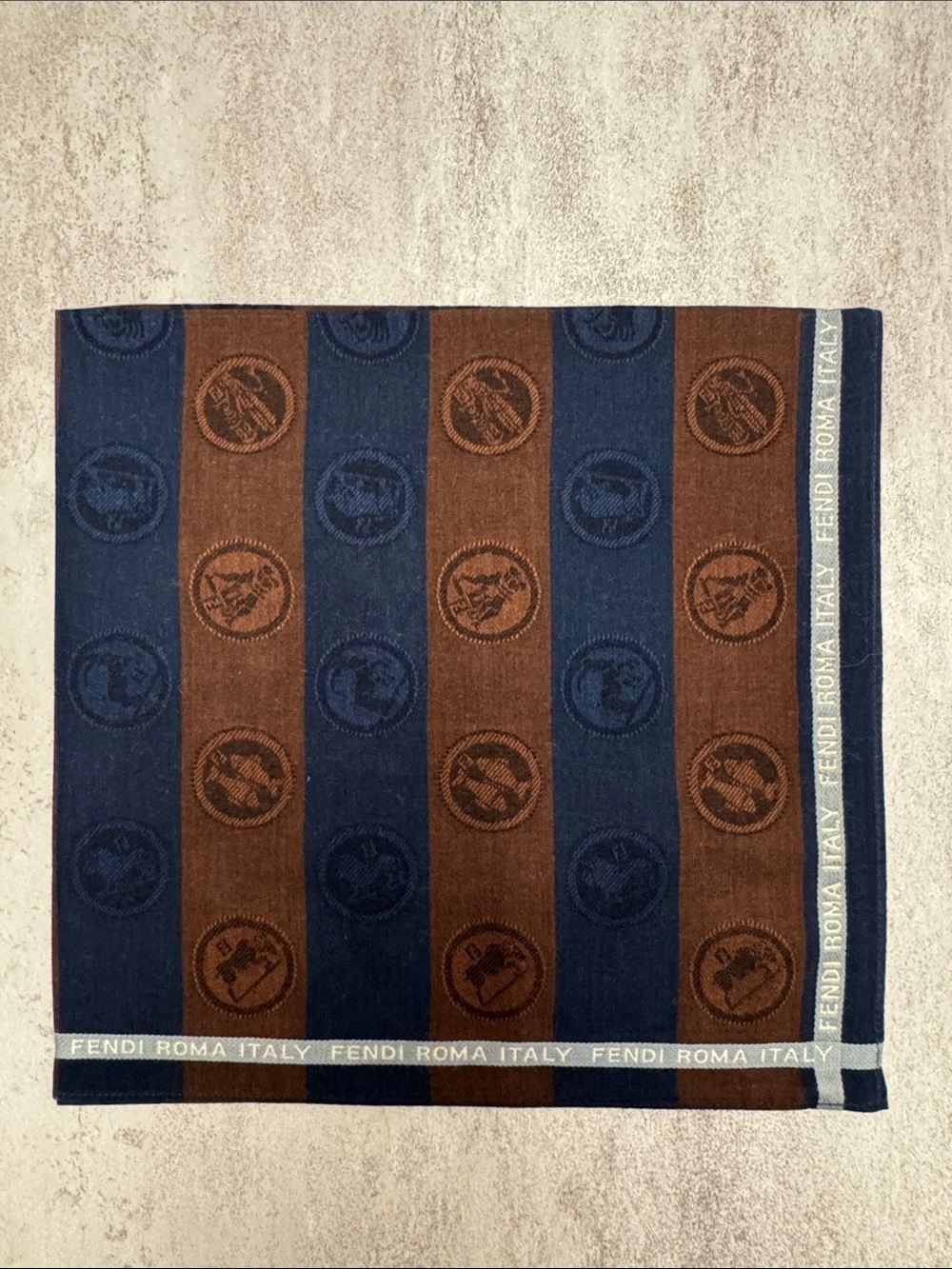 Fendi Navy Blue & Chocolate Brown Striped Logo Pocket Square